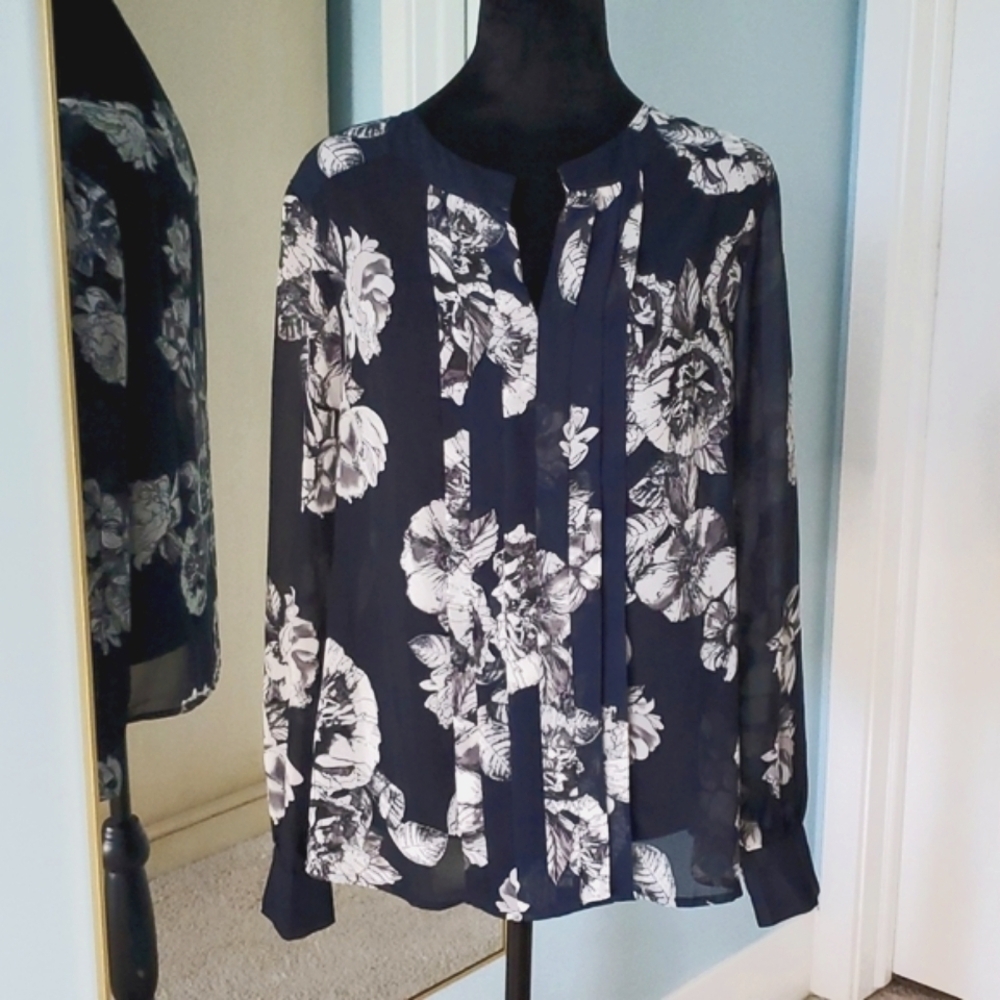 Ann Taylor black floral blouse/top sheer S